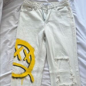 Adika White and Yellow Straight Leg Jeans with Artistic Design